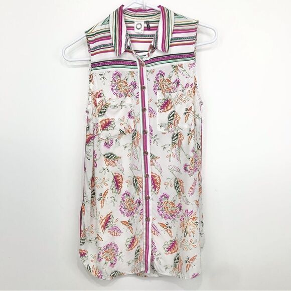 Anthropologie Akemi + Kin Ira Sleeveless Contrast Print Button Up Blouse - Picture 3 of 15